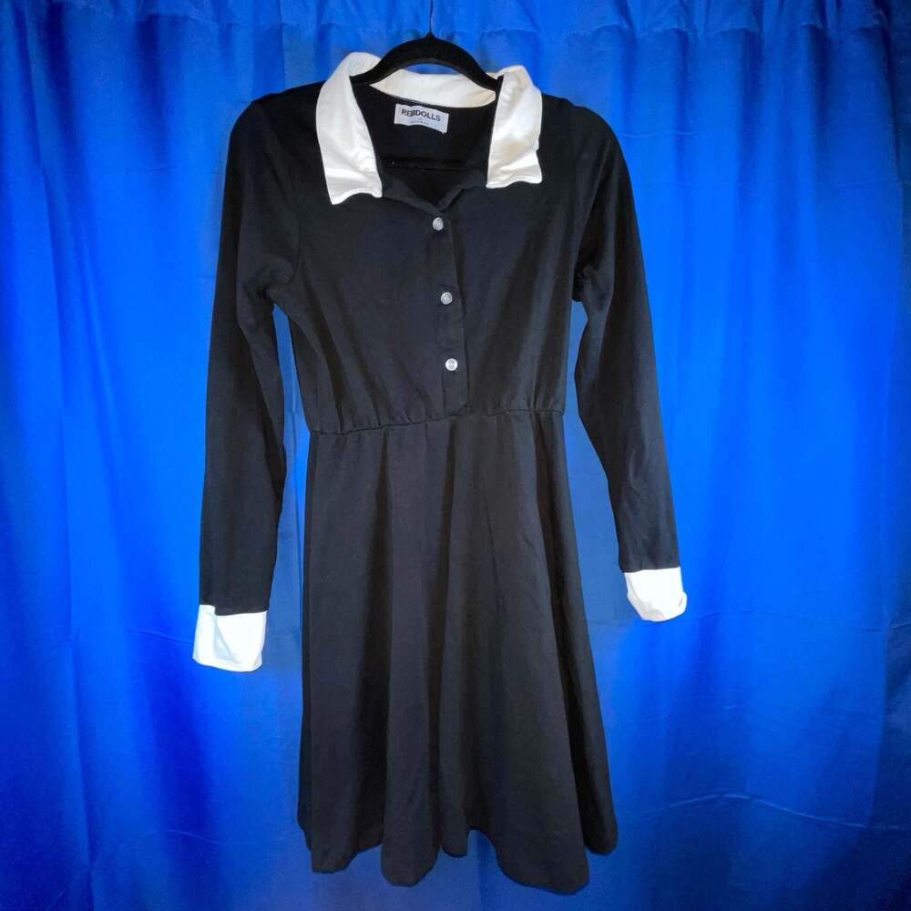 1X - Rebdolls Women's Black Long Sleeve Collared Wednesday Addams Style Dress